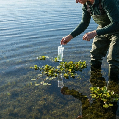 Person conducting water quality testing near aquatic plants