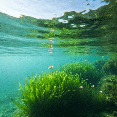 Lush green aquatic plants under the surface of clean water, with sunlight filtering through, no text, no words, no typography, no labels, clean image