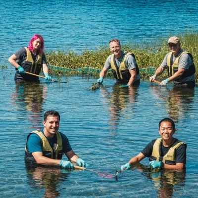 Diverse team of ecologists and community volunteers performing multi-method invasive species control in a clear freshwater lake