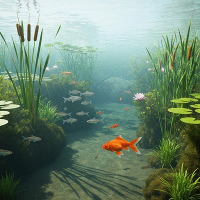 Healthy aquatic ecosystem with diverse plant life and fish